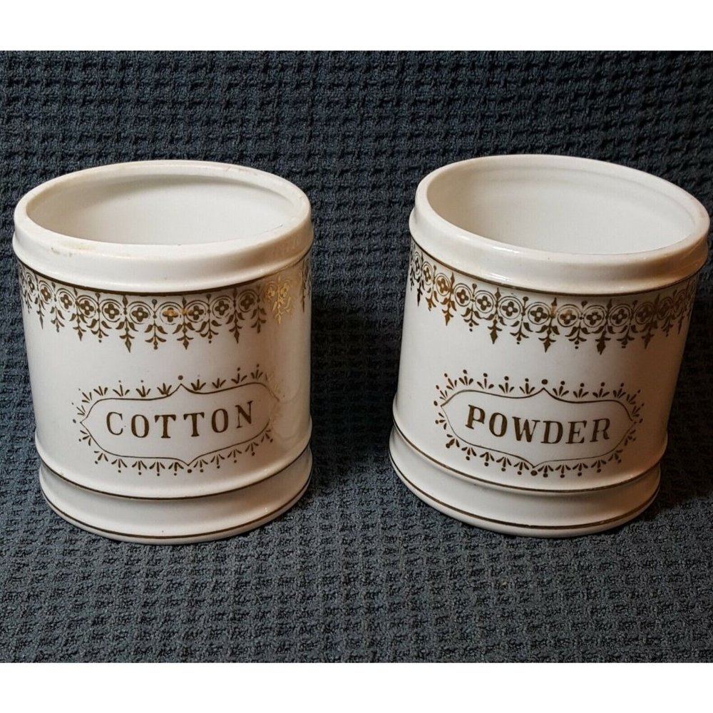 Vtg Lefton China Handpainted Cotton & Powder Holders Gold Embellishments No Lids